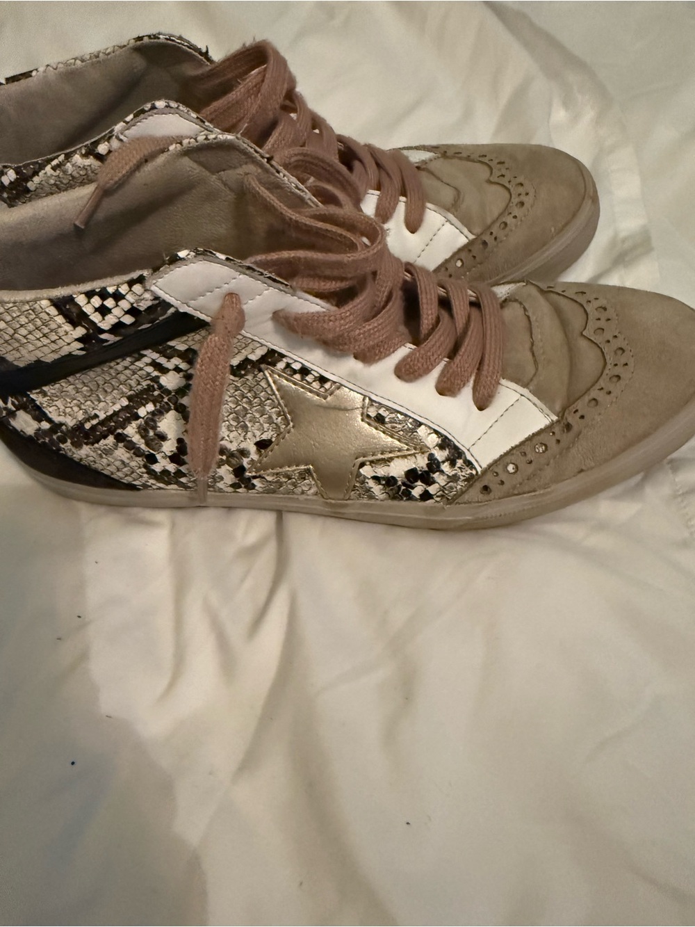 Women’s Suede and Snake-Print High-Top Sneakers in Taupe Shu shop